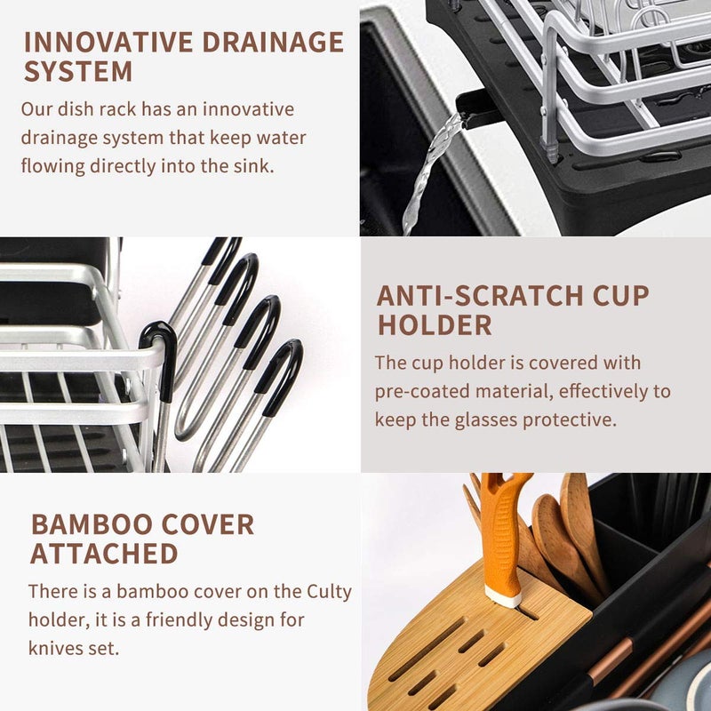 BRIAN & DANY Aluminum Dish Drying Rack, Dish Racks for Kitchen Counter, Dish Drainer with Removable Cutlery Holder & Cup Holder, Unique 360Â° Swivel Spout Drainboard, 16.5" L x 11.8" W, Silver - Image 2